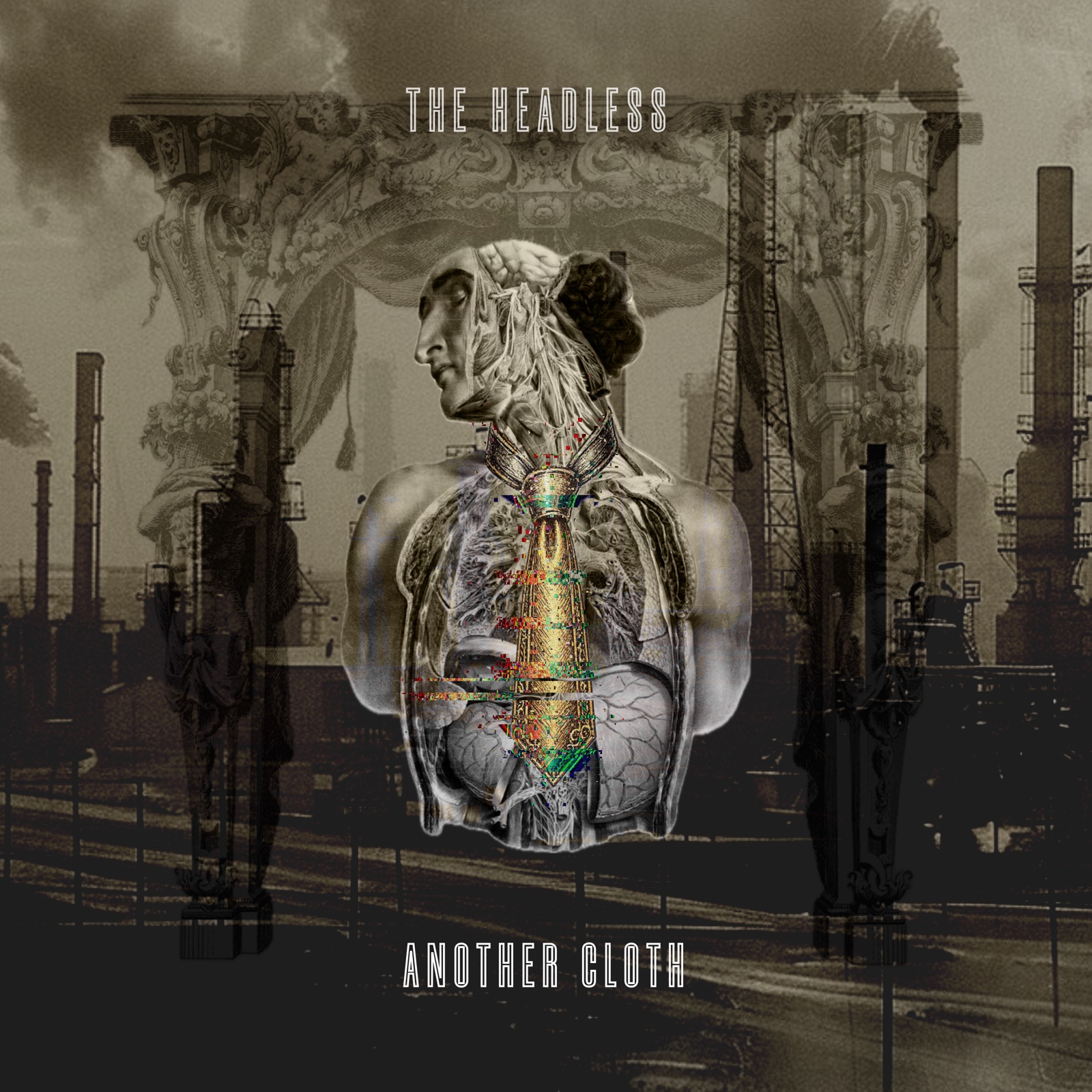 Another Cloth single cover — an anatomical figure framed by a baroque proscenium against an industrial smoke skyline