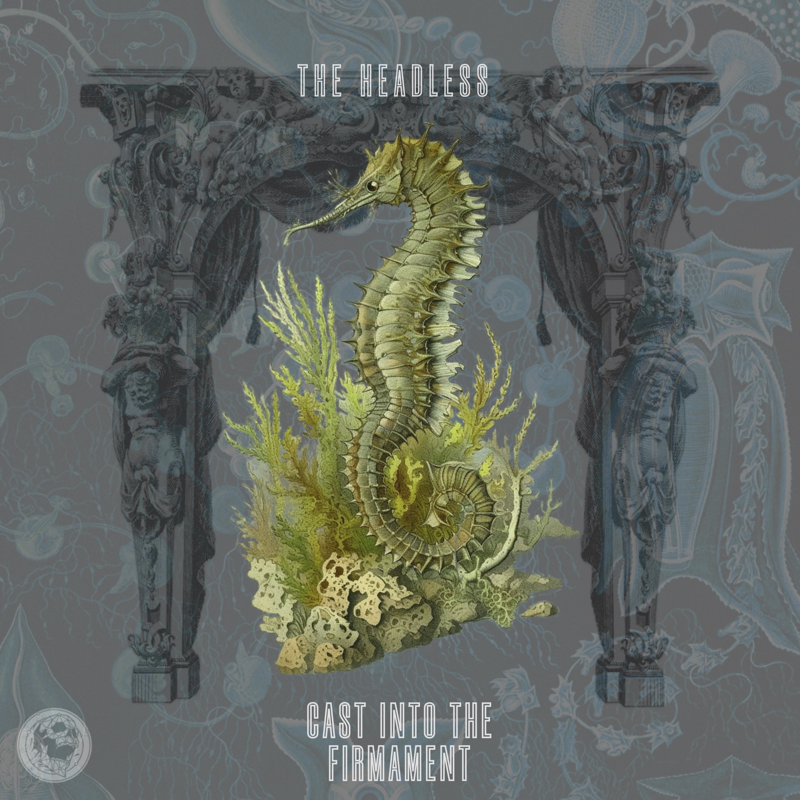 Cast into the Firmament single cover — a naturalist seahorse rising through a baroque proscenium against an oceanic ground of pale sea-creature engravings