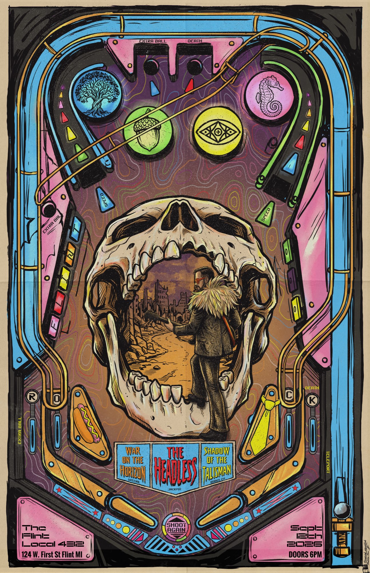 Pinball-machine gig poster for The Headless, with War on the Horizon and Shadow of the Talisman, at Flint Local 432 in Flint, Michigan on Saturday, September 12, 2026 — doors 6 PM.